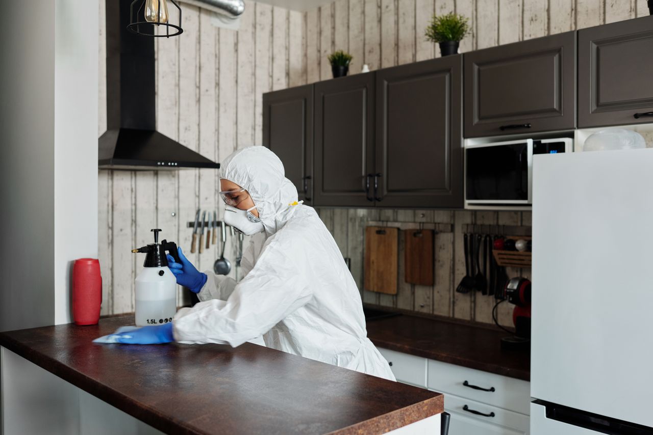 brand-01 A worker in protective gear disinfects a kitchen, ensuring a clean and safe environment.